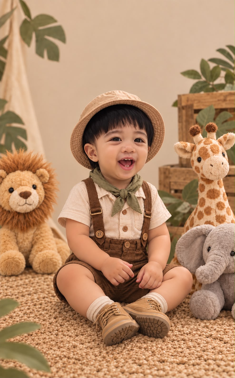Isaiah sitting beside his stuffed safari animals in his safari hat, sage scarf, and brown overalls