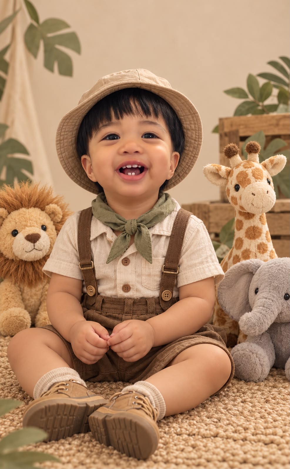 Isaiah smiling in his safari hat, with a cuddly lion, giraffe, and elephant