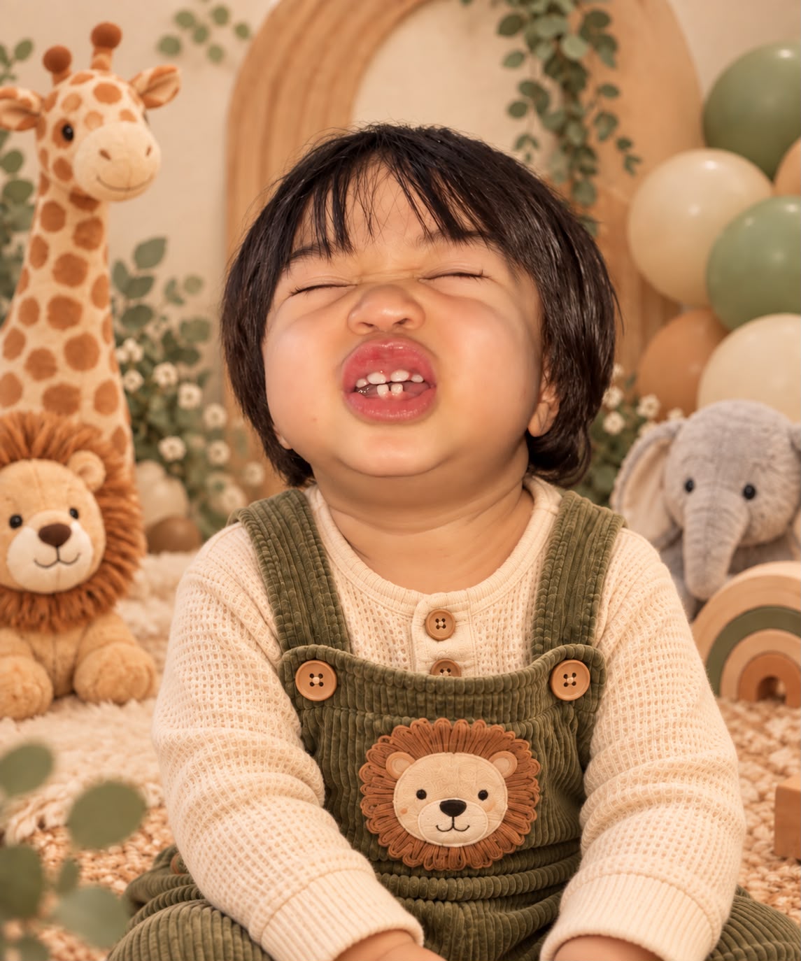 Isaiah scrunching his eyes in a big giggle beside his safari animal toys