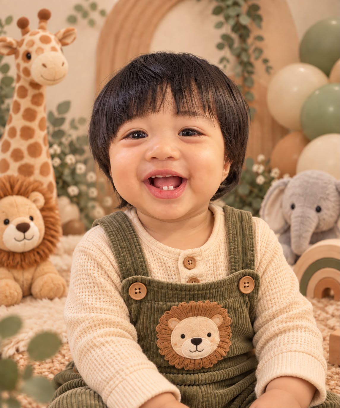 Isaiah smiling in green lion overalls, surrounded by his cuddly safari friends