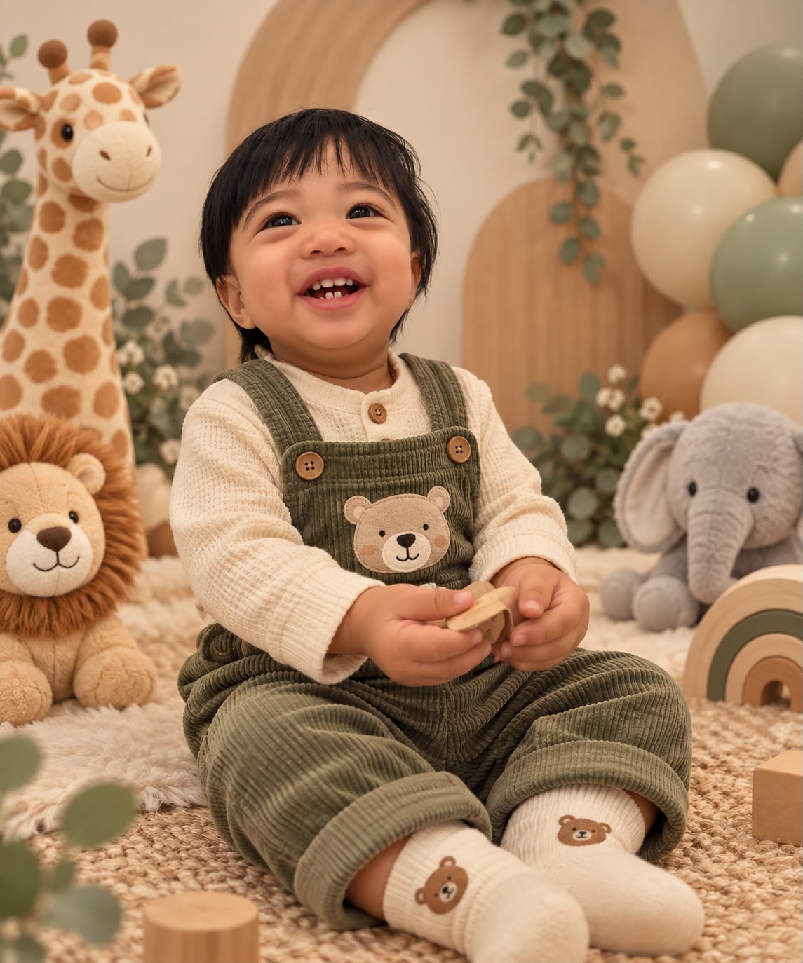 Isaiah looking up with a delighted smile, sitting in green overalls beside his safari toys